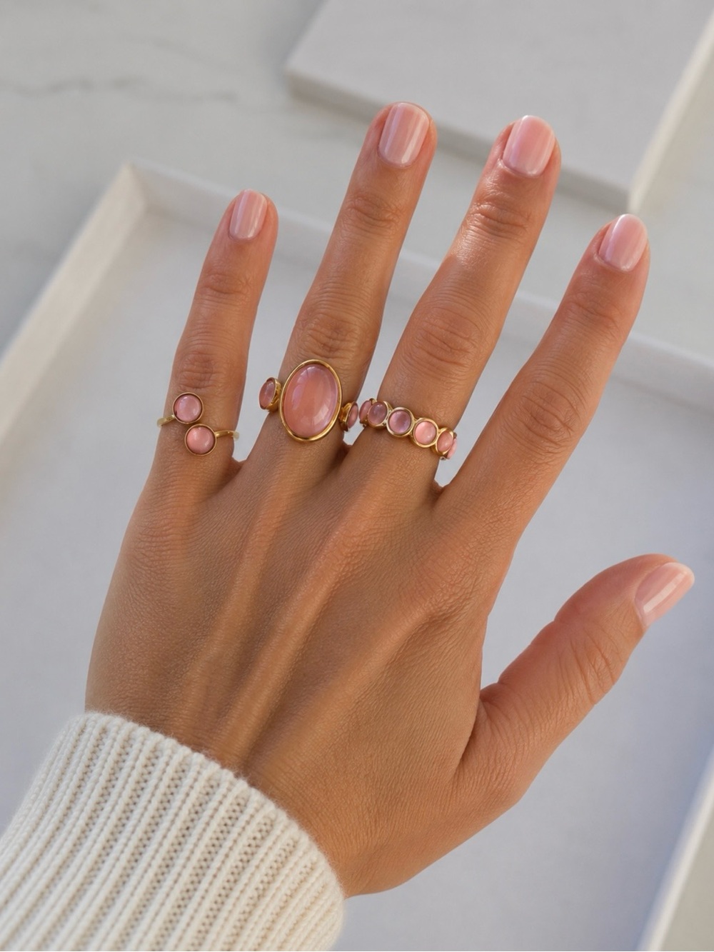 Gold Pink Stone Stacking Rings - Elegant Women’s Jewelry